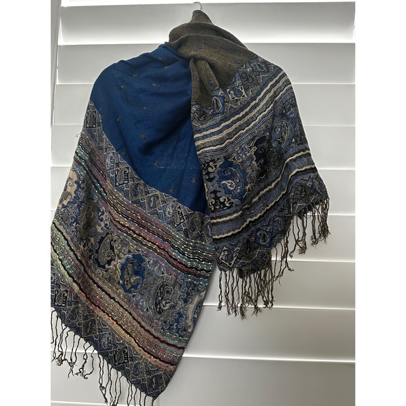 Accessories - Blue & Olive Reversible Paisley Pashmina Shawl Fringe Wrap Scarf Bohemian